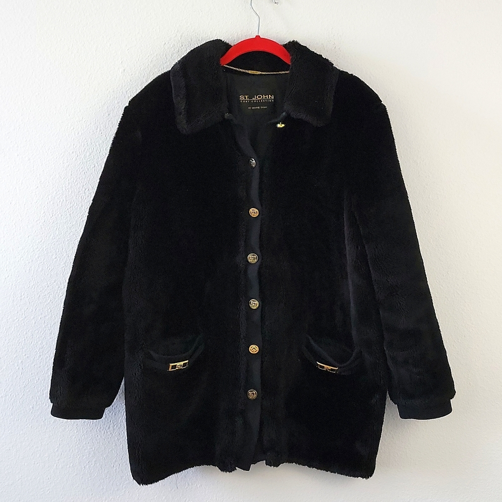 St. John Black Faux Fur Button Front Coat